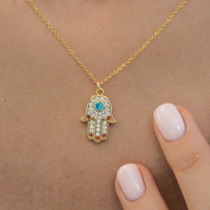 Hamsa Pendant Necklace, 14K Gold Chain Necklace, Gold Plated Protection Necklace, Everyday Diamond Necklace, Charm Necklace for Women