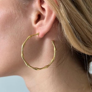 18K Gold Bamboo Hoop Earrings, Gold Bamboo Hoop Earrings, Big Bamboo Earrings, Chunky Hoop Earrings, Gold Hoops Earrings, Women Earrings image 6