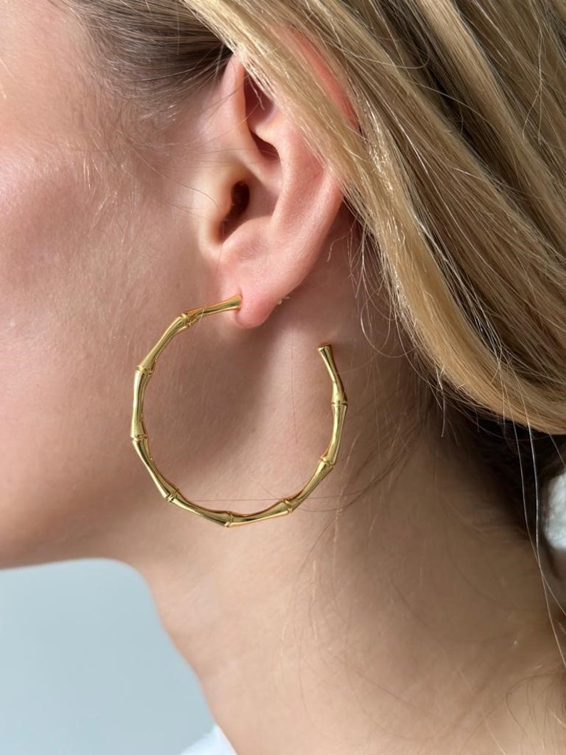 18K Gold Bamboo Hoop Earrings, Gold Bamboo Hoop Earrings, Big Bamboo Earrings, Chunky Hoop Earrings, Gold Hoops Earrings, Women Earrings image 6