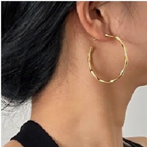 18K Gold Bamboo Hoop Earrings, Gold Bamboo Hoop Earrings, Big Bamboo Earrings, Chunky Hoop Earrings, Gold Hoops Earrings, Women Earrings image 3