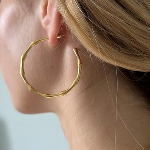 18K Gold Bamboo Hoop Earrings, Gold Bamboo Hoop Earrings, Big Bamboo Earrings, Chunky Hoop Earrings, Gold Hoops Earrings, Women Earrings image 4