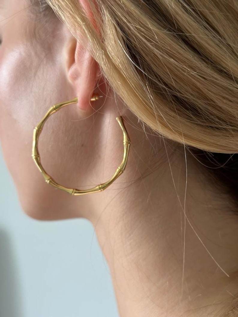 18K Gold Bamboo Hoop Earrings, Gold Bamboo Hoop Earrings, Big Bamboo Earrings, Chunky Hoop Earrings, Gold Hoops Earrings, Women Earrings image 4