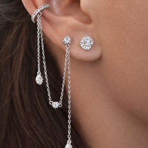 Sterling Silver Long Chain Drop Earrings, Dainty Ear Cuff Earrings, Dangle Chain Cuff, Elegant Bridal Earrings, Gift for Women