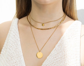 Multi Layered Gold Necklace Set Of Three, Disk Pendant Necklace, Layered Necklaces, Statement Necklace, Dainty Necklace, Gift for Her