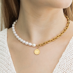 Half Chain Half Pearl Necklace, Gold Half Pearl Half Paper Clip Chain Necklace, Sterling Silver Freshwater Pearl Necklace, Paperclip Chain