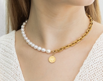 ■VINTAGE HOLLYWOOD■ Chain Half Pearl Necklace VH25NNNE171V Half Pearl Half Chain Necklace | CULT OF SUN JEWELRY