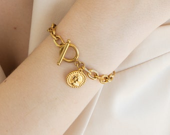 Pulseira de moeda delicada cheia de ouro, pulseira de moeda retrato da rainha elizabeth, pulseira de dinheiro, presente de dia dos namorados para ela
