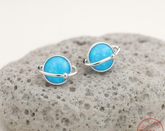 Sterling Silver Fire Opal Planet Stud Earrings, Saturn Earrings, Minimalist Opal Jewelry, Celestial Earrings, Gift for Her, Christmas Gift