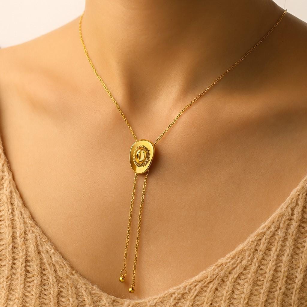 thumbnail image 2 of Cowgirl Hat Necklace For Women – 14k Gold Plated Western Pendant, 31" + 3" Chain, Cowboy Bolo Tie Style Gift 2 of 11