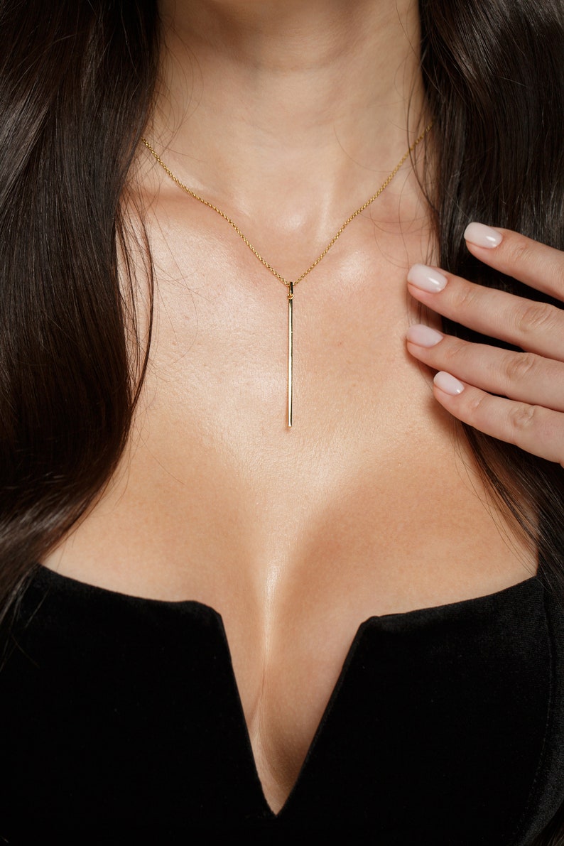 Vertical Bar Pendant Necklace, Dainty Necklace, 14K Gold Plated Chain
