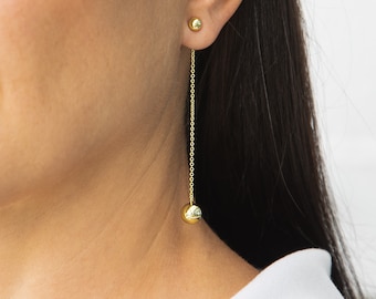 Gold Plated Ball Drop Earrings, Gold Ball Earrings, Long Dangle Earrings, Modern Earrings for Women, Minimalist Unique Earrings|Gift for her