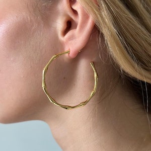 18K Gold Bamboo Hoop Earrings, Gold Bamboo Hoop Earrings, Big Bamboo Earrings, Chunky Hoop Earrings, Gold Hoops Earrings, Women Earrings image 1