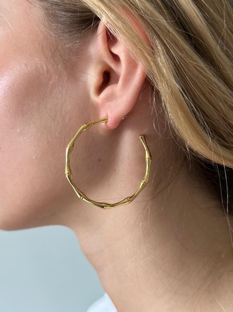 18K Gold Bamboo Hoop Earrings, Gold Bamboo Hoop Earrings, Big Bamboo Earrings, Chunky Hoop Earrings, Gold Hoops Earrings, Women Earrings image 1