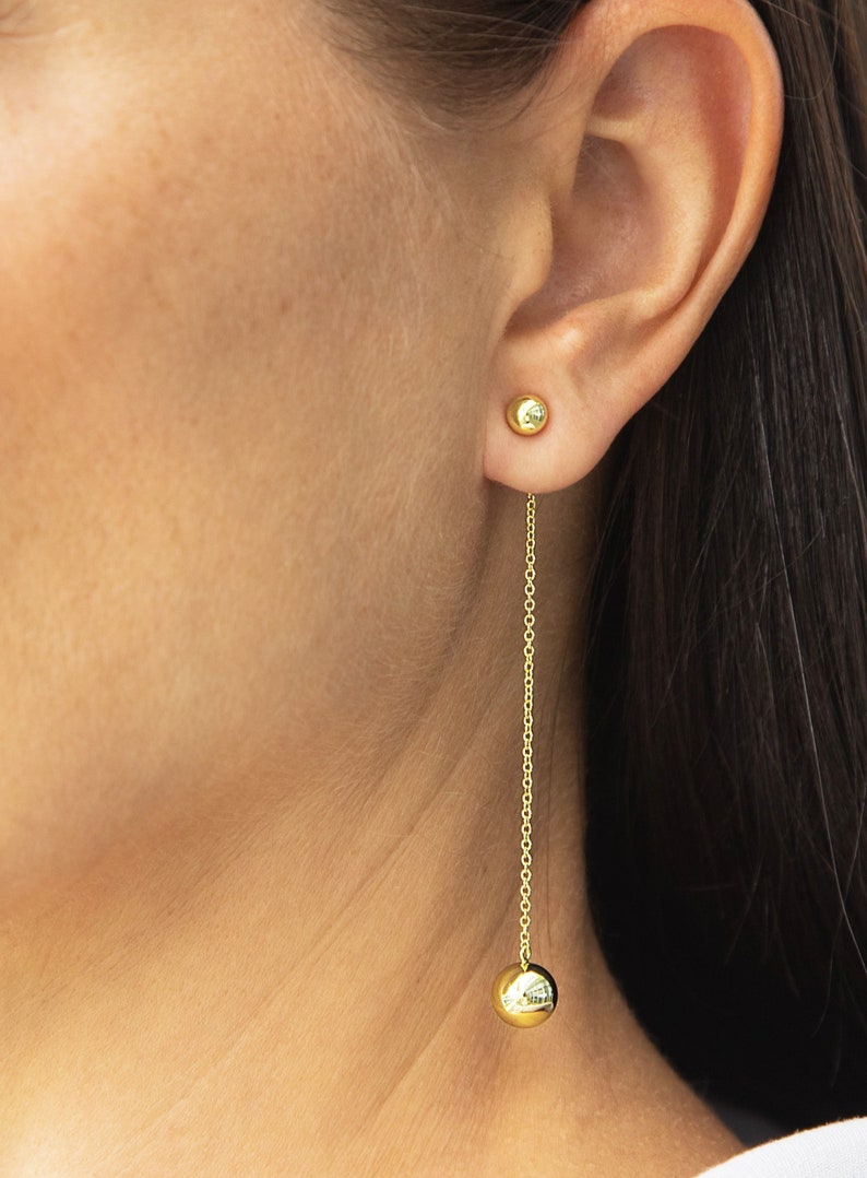 Gold Plated Ball Drop Earrings, Gold Ball Earrings, Long Dangle Earrings, Modern Earrings for Women, Minimalist Unique EarringsGift for her image 2