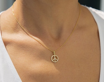 Peace Sign Necklace, Diamond Pendant Necklace, Peace Necklace, Delicate Necklace, Modern Everyday Necklace for Women, Handmade, Minimalist
