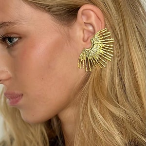 Gold Sunburst Earrings, Statement Earrings, Gold Sun Earrings, Celestial Earrings, Gold Fan Earrings, Sun Stud Earrings