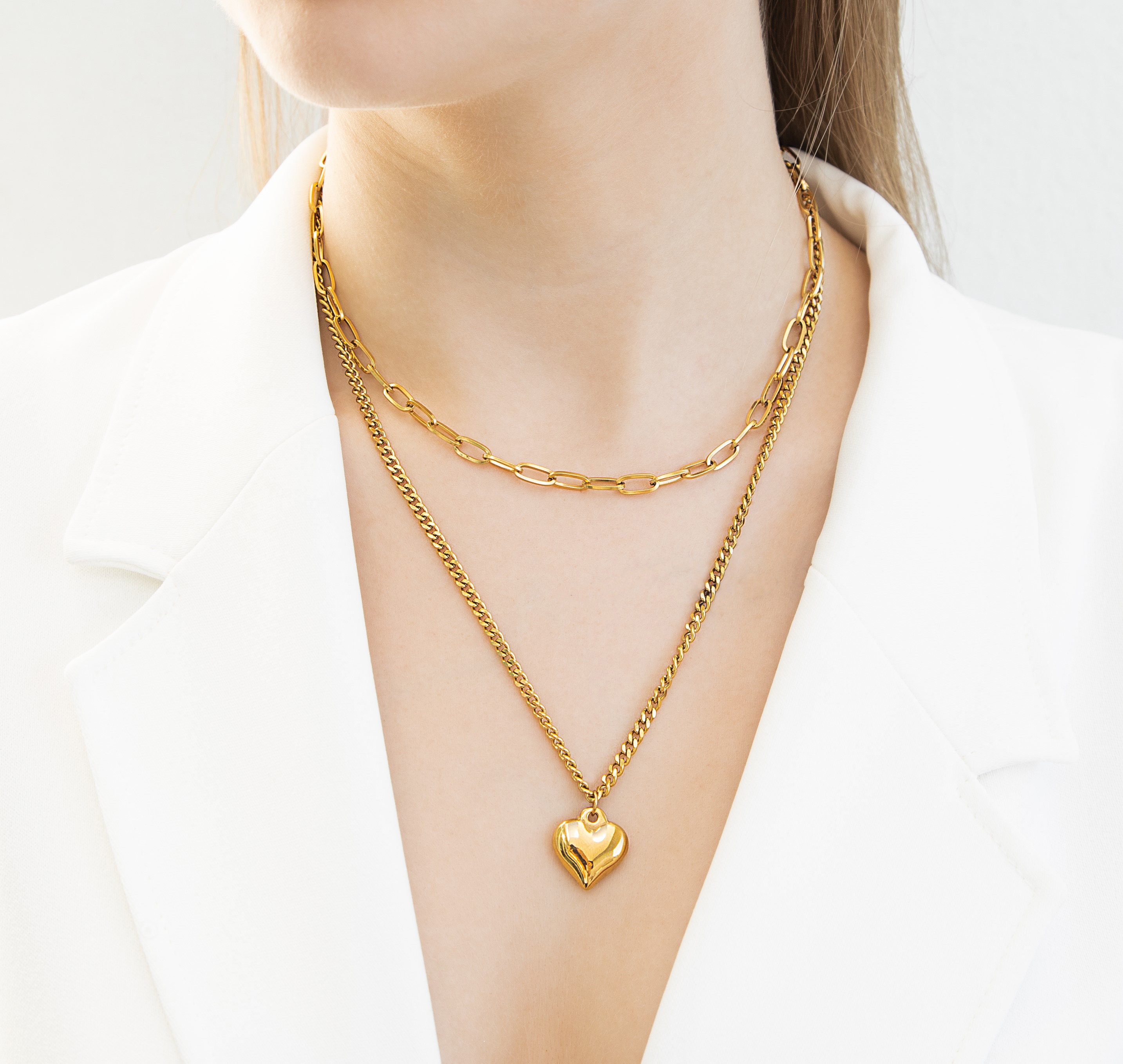 [Golden dew] 韓国☆18K Gold☆Happy heart 2 Necklace Gold Double Layered Chain Necklace, Love Necklace, Heart