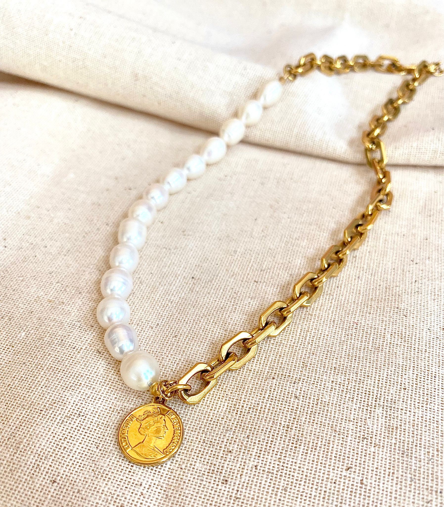 Half Chain Half Pearl Necklace, Gold Half Pearl Half Paper