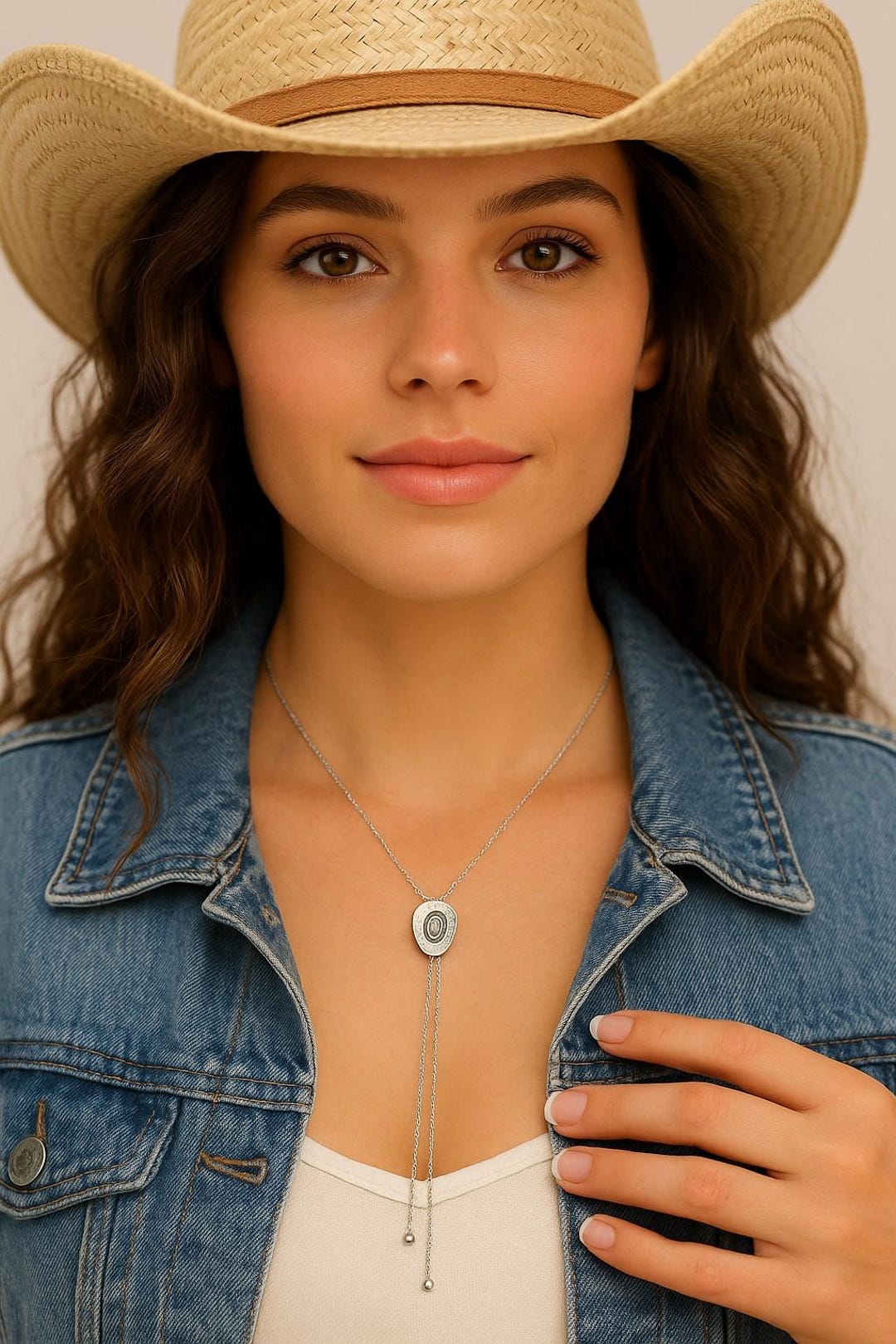 thumbnail image 2 of Cowgirl Hat Necklace For Women – 14k Gold Plated Western Pendant, 31" + 3" Chain, Cowboy Bolo Tie Style Gift 2 of 11