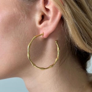 18K Gold Bamboo Hoop Earrings, Gold Bamboo Hoop Earrings, Big Bamboo Earrings, Chunky Hoop Earrings, Gold Hoops Earrings, Women Earrings image 2