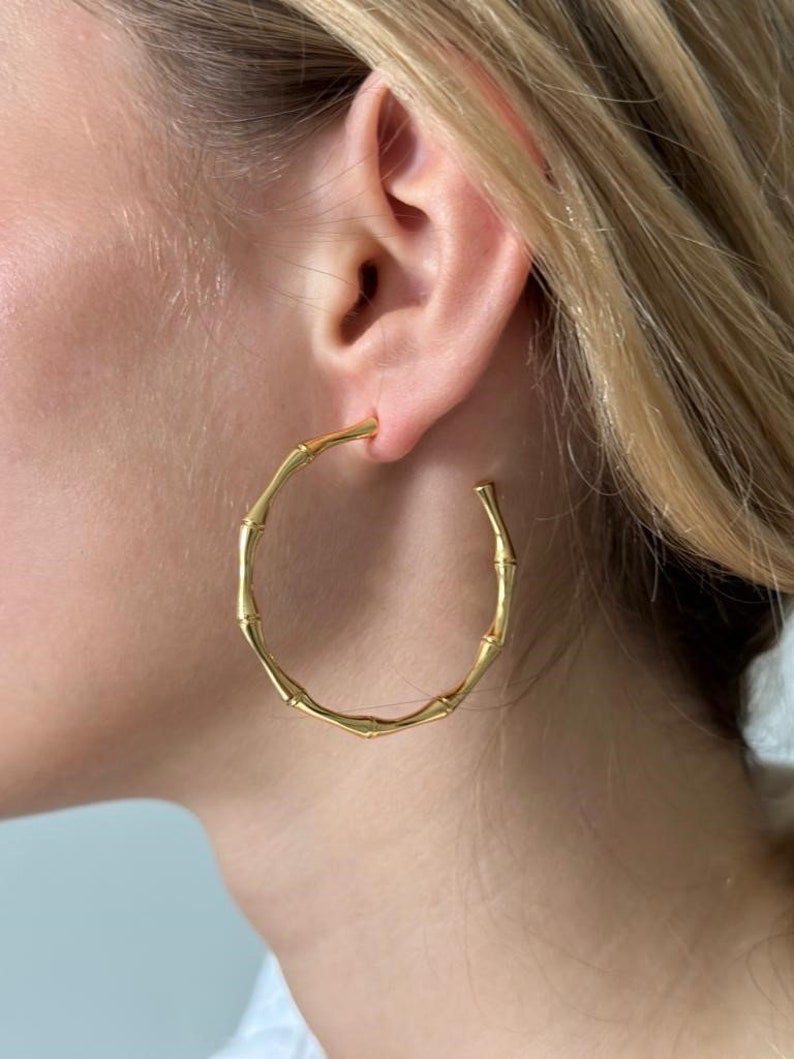 18K Gold Bamboo Hoop Earrings, Gold Bamboo Hoop Earrings, Big Bamboo Earrings, Chunky Hoop Earrings, Gold Hoops Earrings, Women Earrings image 2