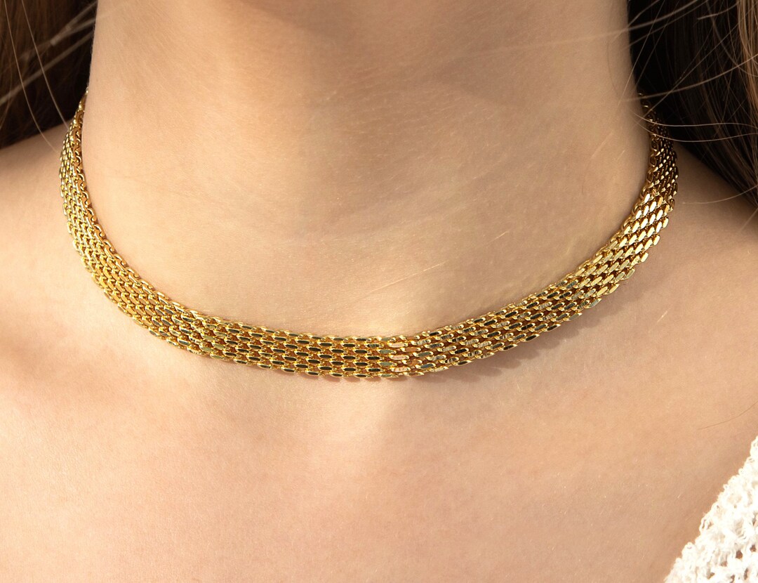 Gold Mesh Choker With Extender, Vintage Choker Necklace, Thick Gold