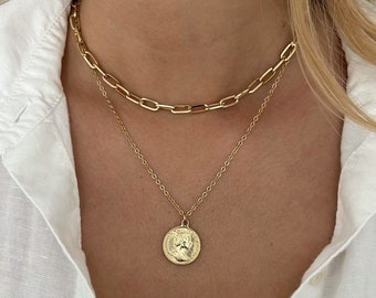 Gold Layered Necklace , Dainty Gold Chain Set , Dainty Layered Gold Necklace Set , Coin Layered Necklace , Gold Coin Medallion Necklace
