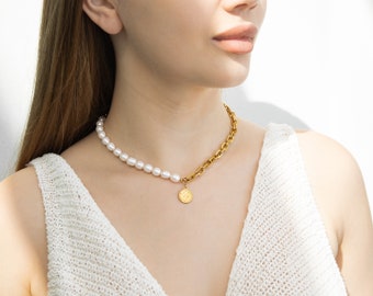■VINTAGE HOLLYWOOD■ Chain Half Pearl BraceletVH25NNBR171V 7mm White Freshwater Oscar Pearl & Chain Necklace