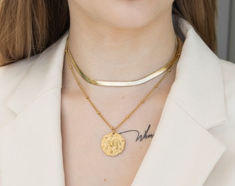 Gold Chain Necklace Set Gold, Layered Necklace, Gold Chain Necklace, Snake Necklace, Rope Chain, Gold Herringbone Chain, Coin Necklace