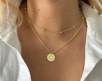Disk Necklace with Gold Bead Chain, Coin Necklace, Monogram Necklace, Circle Necklace, Copper Coin Pendant, Circle Pendant Layering necklace