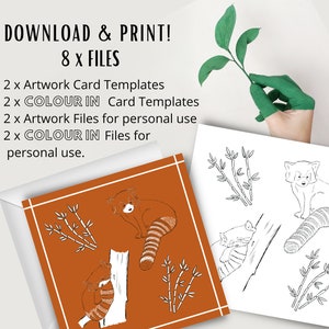 Tarjetas imprimibles - Pandas rojos - Obra de arte original con la opción de COLOREAR - Descarga instantánea