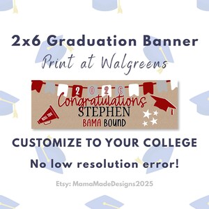 Op de afbeelding: Een 2x6 afstudeerbanner met de tekst "Print at Walgreens". De banner bevat de tekst "Gefeliciteerd STEPHEN BAMA BOUND" en "ROLL TIDE". Aanpasbaar voor je hogeschool.