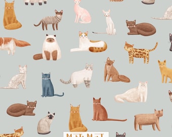 Cat Breeds Seamless Pattern, Pale Blue Fabric Print (Digital Download)