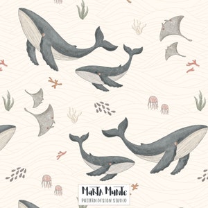Whales and Manta Seamless Pattern design for Commercial Use, nautical repeat pattern, Non-exclusive Licence for fabric