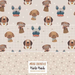 May include: A pattern design featuring watercolor illustrations of various dog breeds, some wearing glasses, bow ties, and scarves. The design includes a grid and paw prints, with the text "MINI BUNDLE Marta Munte PATTERN DESIGN STUDIO."