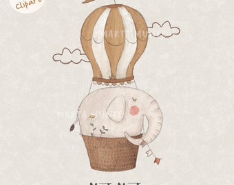 Elephant Hot Air Balloon Clipart, Fabric Iron Transfer Design (PNG)