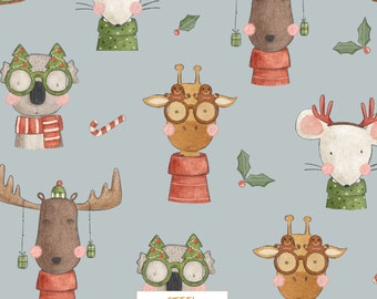 Non-exclusive Blue Xmas party Pattern design for Commercial Use, giraffe, koala, mouse, moose with christmas sunglasses repeat pattern
