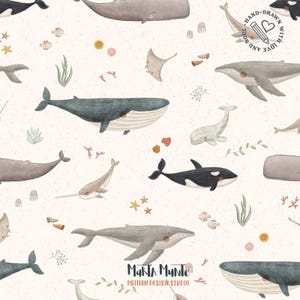 May include: A whimsical pattern featuring various watercolor whales, including humpbacks, orcas, and narwhals, along with starfish, seashells, and seaweed. The design is set against a cream-colored background, creating a playful and oceanic theme.