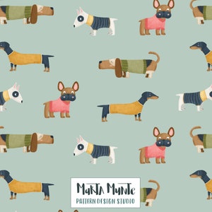 May include: A seamless pattern featuring various breeds of dogs wearing jumpers. The dogs are illustrated in a cartoon style with a light blue background. The pattern includes a dachshund, a bull terrier, a French bulldog, and a basset hound. The text "Marta Munte Pattern Design Studio" is included in the pattern.