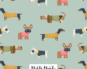 Dogs with clothes Seamless Pattern: Blue Fabric Surface Design (Digital file)