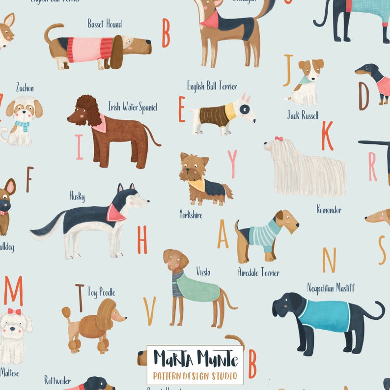 May include: A light blue fabric with a repeating pattern of illustrated dogs, each labelled with a letter. Breeds include a Basset Hound, Husky, and Yorkshire Terrier. The fabric design features various dog breeds.