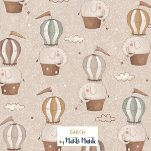 May include: A repeating pattern featuring whimsical illustrations of elephants in hot air balloons. The balloons are in shades of brown, tan, and green, with small flags and decorative baskets. The background is a light beige with small white dots and clouds.