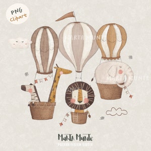 Safari Animals Air Balloon Clipart: Lion, Elephant, Zebra, Giraffe (PNG File)