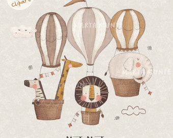 Safari Animals Air Balloon Clipart: Lion, Elephant, Zebra, Giraffe (PNG File)