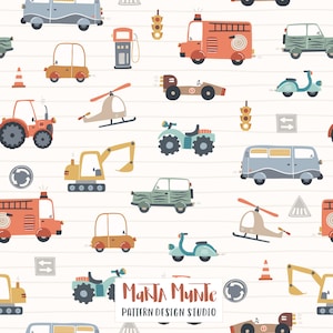 May include: A colorful seamless pattern featuring various vehicles, including a red fire truck, a yellow excavator, a blue tractor, a green jeep, a blue helicopter, a blue scooter, a yellow car, a blue van, and a red race car. The pattern is set against a white background with black and white stripes.