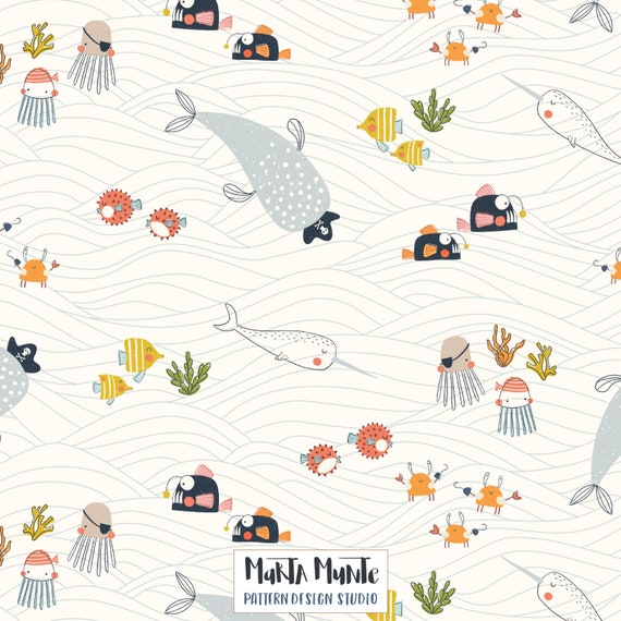 Pirate Fish Narwhal Seamless Pattern Design (Digital Download)