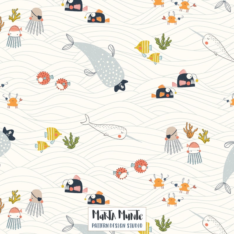 May include: A whimsical pattern featuring marine life illustrations. The design includes narwhals, fish, jellyfish, crabs, and pufferfish, all set against a wavy, off-white background. The illustrations are in shades of blue, orange, yellow, and black, with some characters wearing pirate-themed accessories.