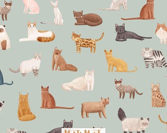 Cat Breeds Seamless Pattern, Fabric Print, Green Mint (Digital File)