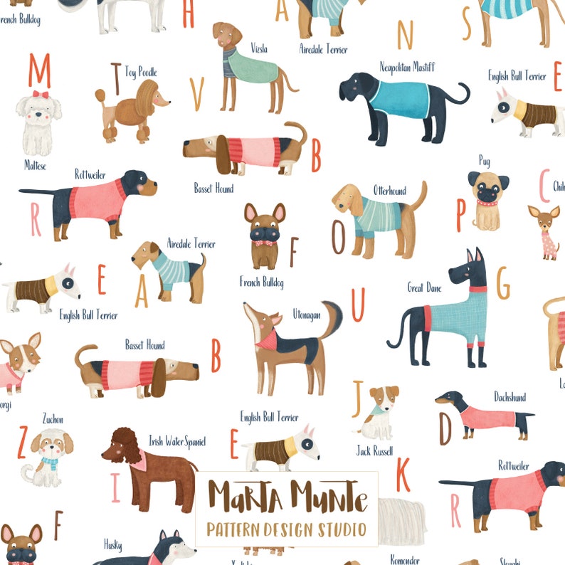 May include: A repeating pattern featuring various dog breeds, each paired with a letter of the alphabet. The illustrations showcase dogs like a French Bulldog, Dachshund, and Maltese, all wearing sweaters or accessories. The design includes the text "Marta Munte Pattern Design Studio."
