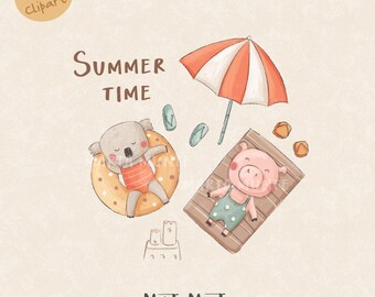 Koala & Pig Beach Clipart: Summer Heat Transfer, Sublimation Design (PNG File Set)